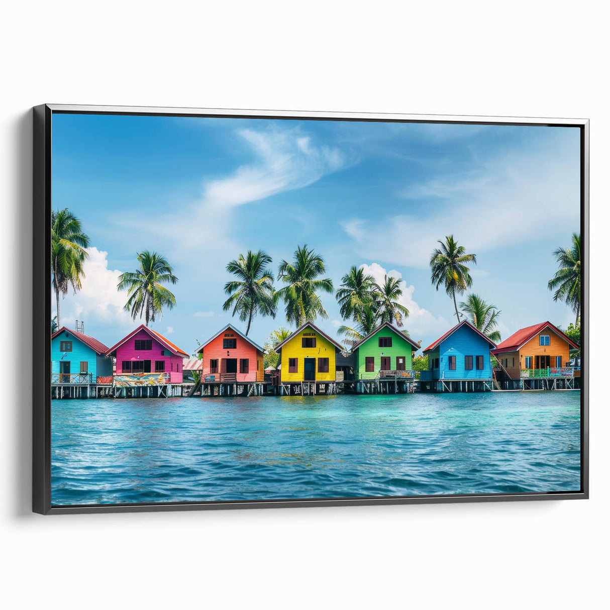 Framed canvas depicting a serene Tahitian landscape in muted earth tones, ideal for bedroom wall art.