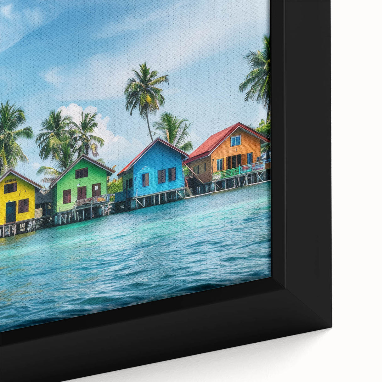 Extra large framed canvas depicting a black textured background with colorful abstract elements, ideal for living room decor.