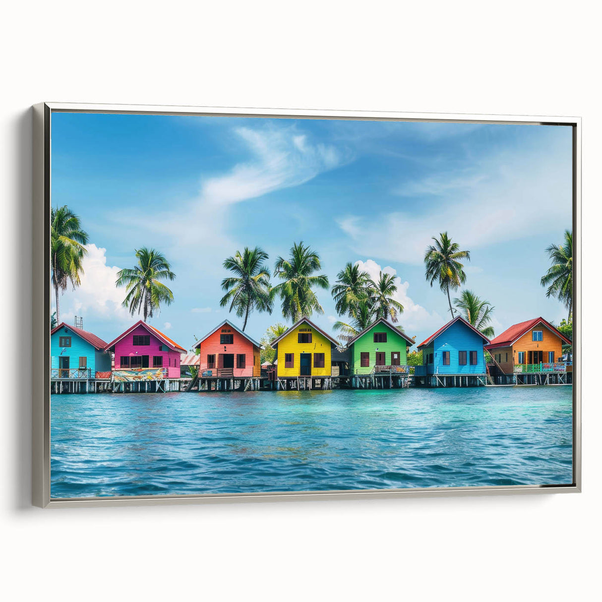 Vintage poster art of Tahiti with a silver-framed canvas, featuring vibrant colors, ideal for large living room walls.
