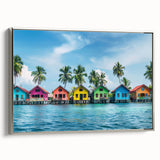 Vintage poster art of Tahiti with a silver-framed canvas, featuring vibrant colors, ideal for large living room walls.