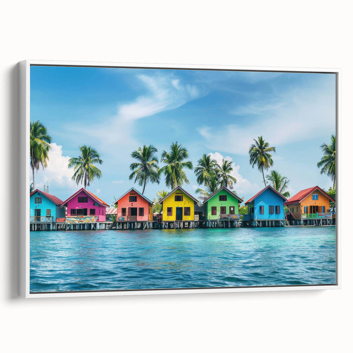 Extra large framed canvas of abstract, colorful art depicting Tahiti scenery in vibrant tones, ideal for living room decor.