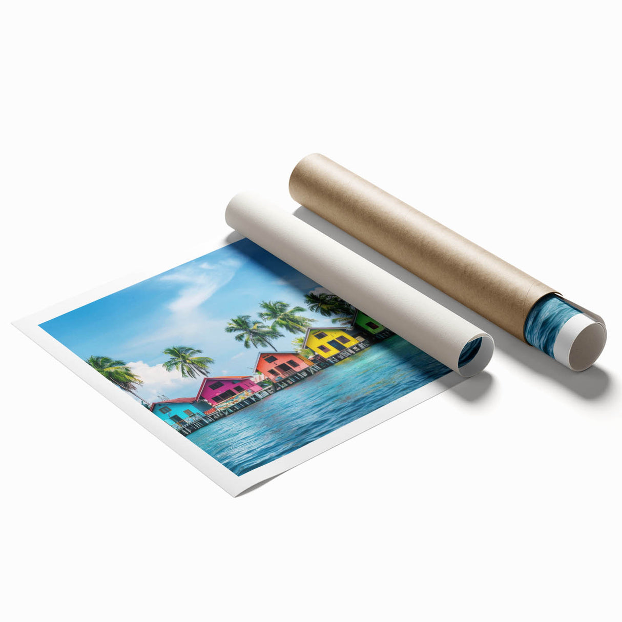 Extra large rolled print of Tahitian scenery with lush florals in vivid colors, ideal for classy bathroom wall art.