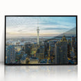 Large abstract wall art of Auckland's skyline in muted gray tones on a framed acrylic, suitable for modern living room decor.