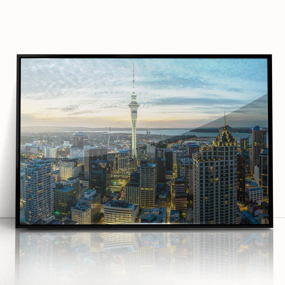 Large abstract wall art of Auckland's skyline in muted gray tones on a framed acrylic, suitable for modern living room decor.