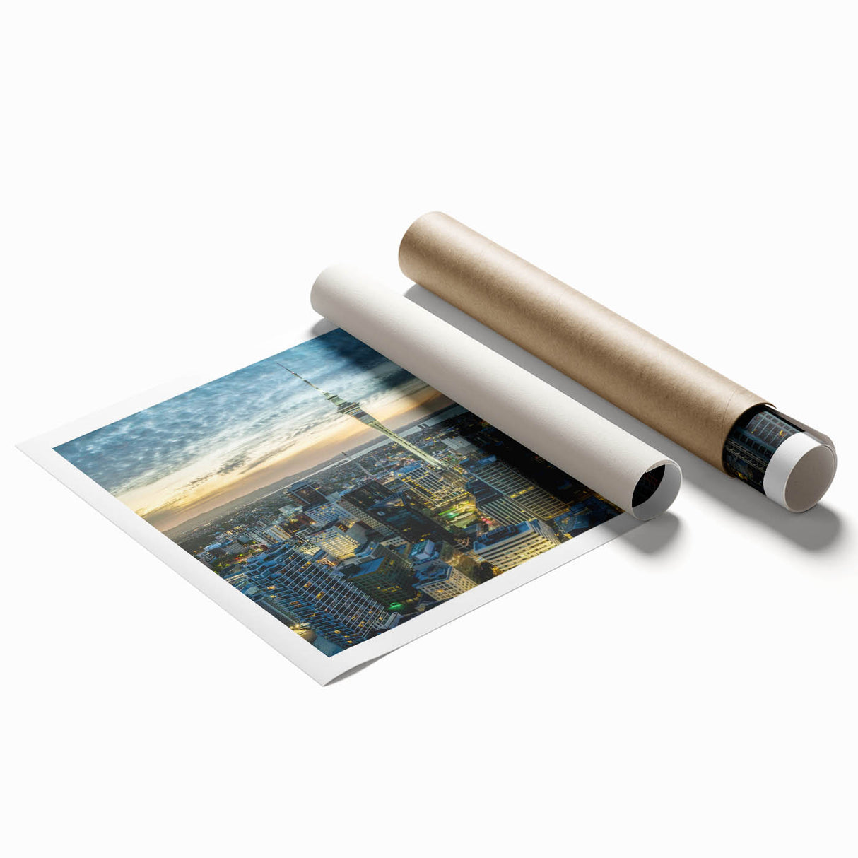Extra large canvas print of Auckland skyline with muted blues and greens, suitable for classy bathroom wall art.