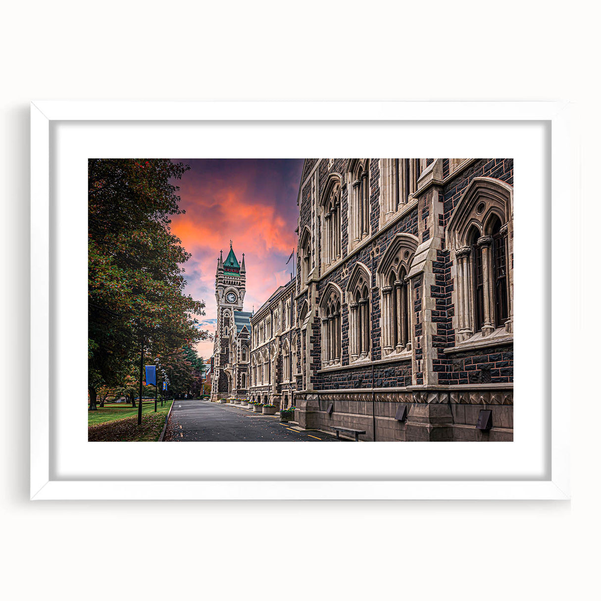 Abstract art print of Otago, New Zealand in muted blue and green tones, framed with a white mat.