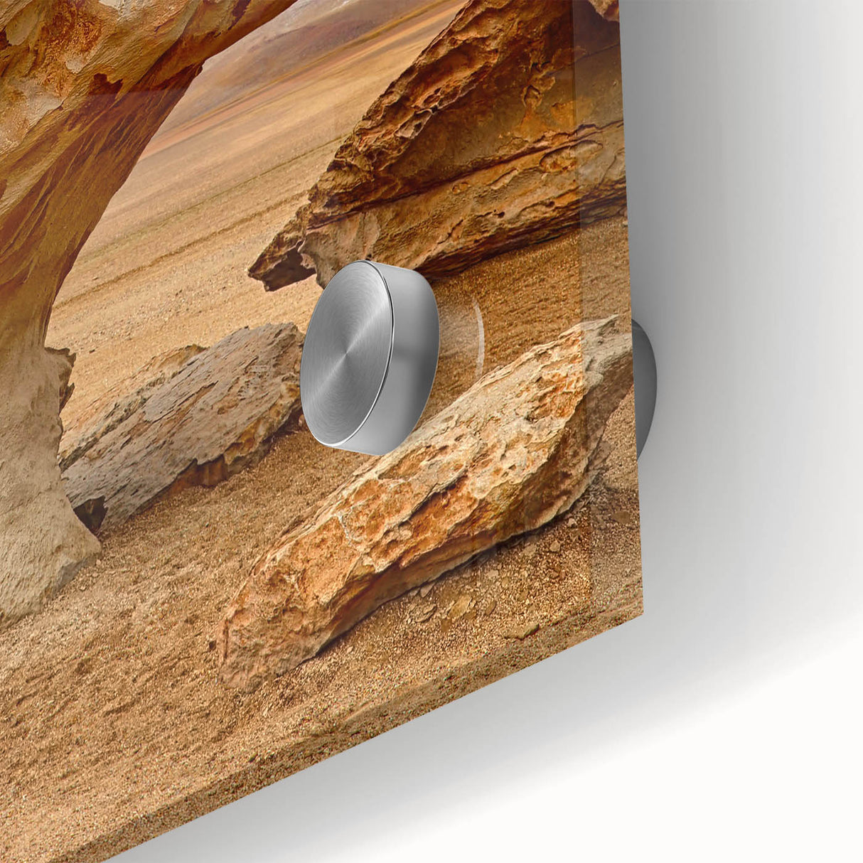 Large abstract depiction of a Bolivian landscape in muted earth tones on acrylic glass, suitable for dining room art.
