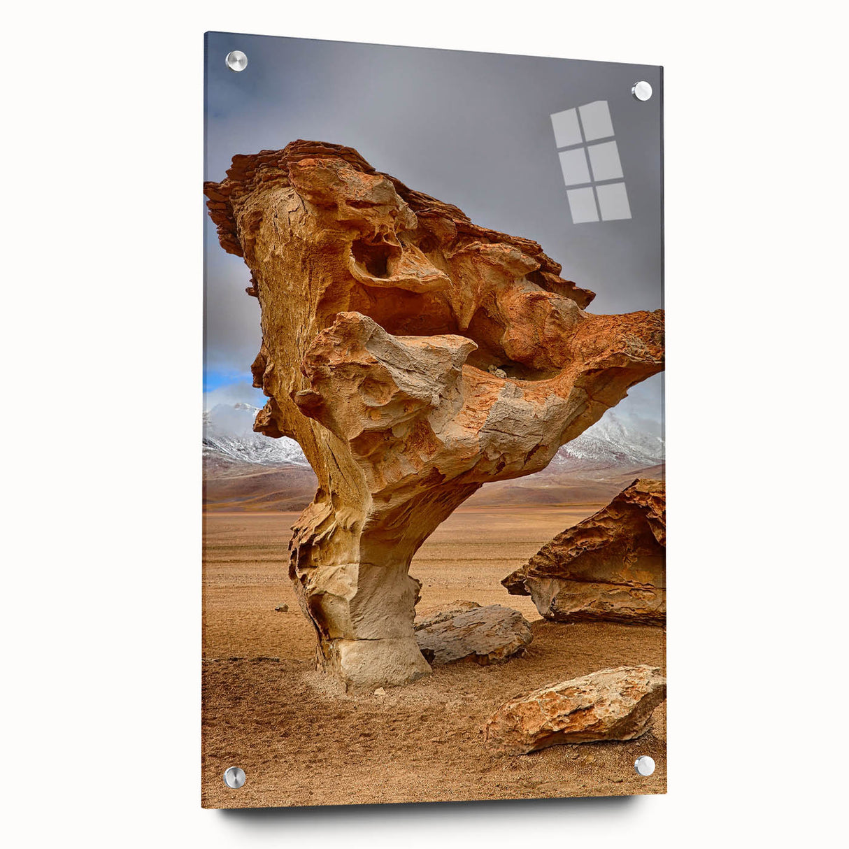 Abstract landscape of Bolivia in muted earth tones on acrylic glass, suitable for bedroom or dining room decor.