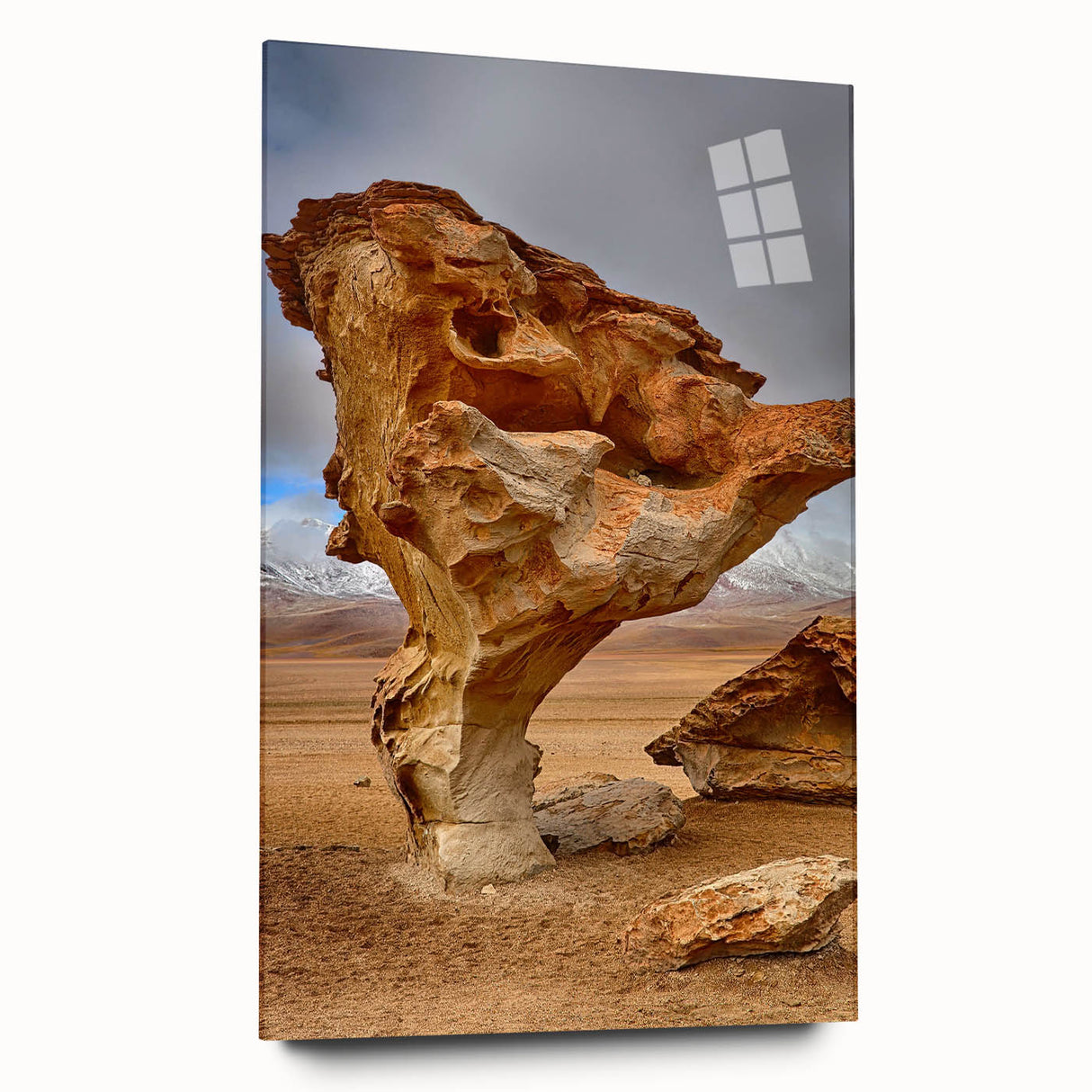 Acrylic print of large abstract depiction of Bolivia's landscape in earthy tones, suitable for bedroom or dining room art.