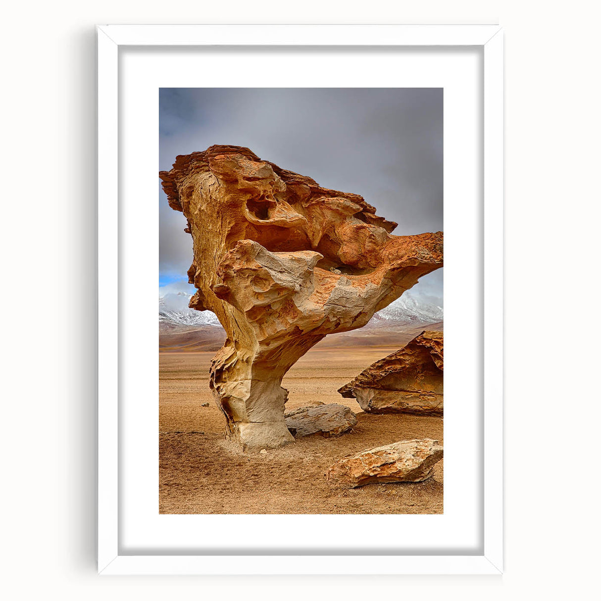 Abstract art print of a Bolivian landscape in muted earth tones on a white framed canvas, suitable for dining room decor.