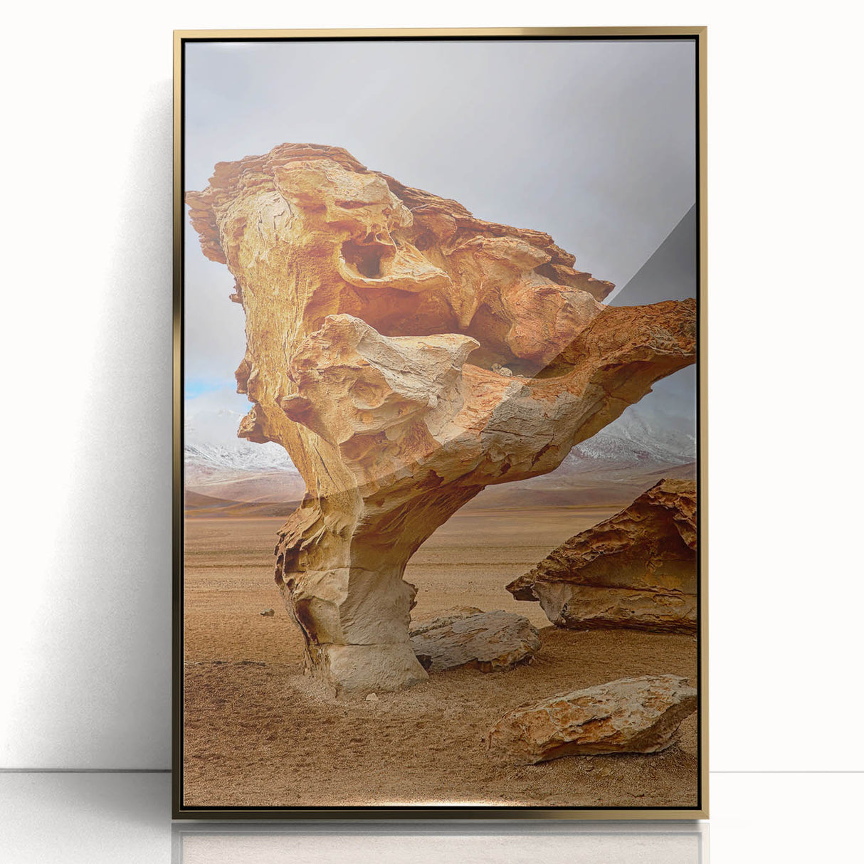 Mid-century modernist style large art print of a Bolivian landscape on a framed acrylic, featuring earthy tones.