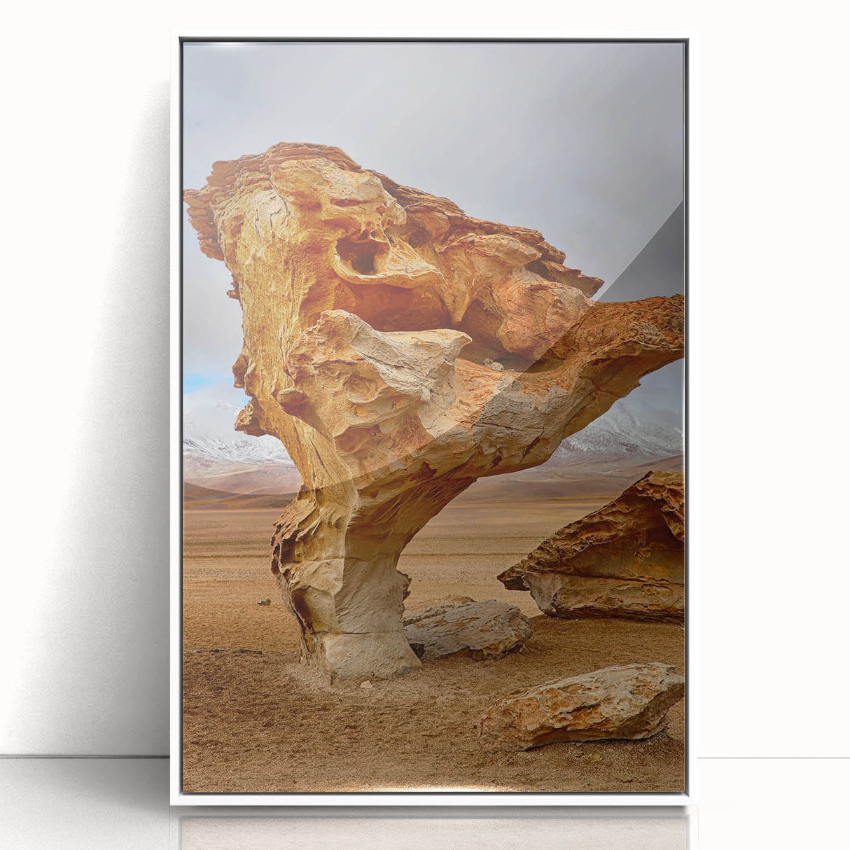 Art deco poster of a South American Bolivia landscape in muted earth tones on framed acrylic.