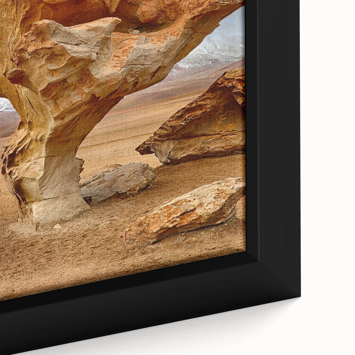 Extra large framed canvas featuring a textured depiction of a Bolivian landscape in black with colorful accents.