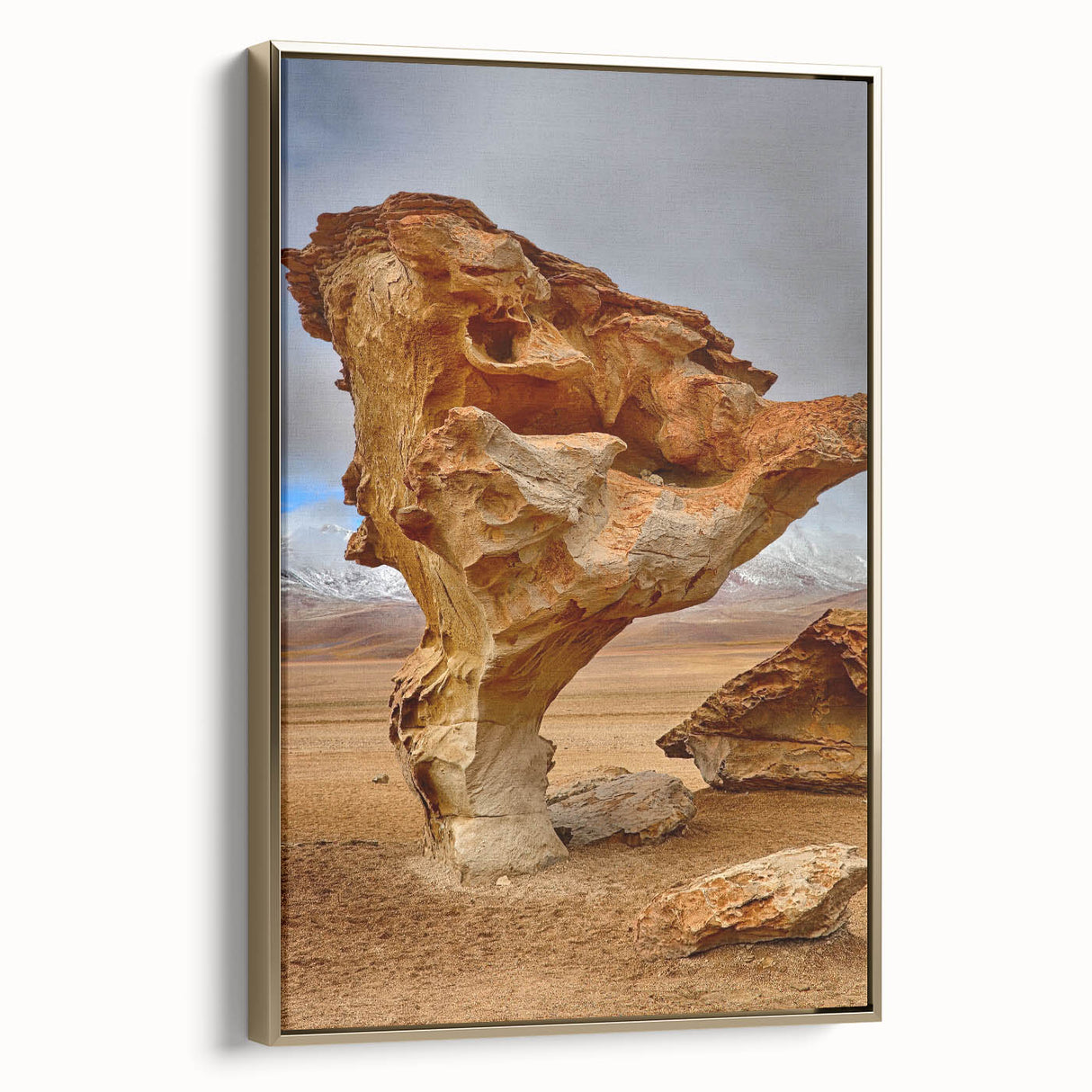 Framed canvas depicting a vintage-style Bolivian landscape in muted gold and black tones, suitable for bedroom wall art.