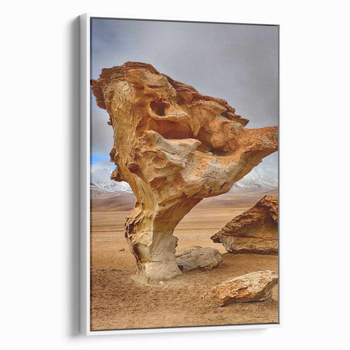 Vintage poster art of a colorful Bolivian landscape on extra large framed canvas, ideal for living room decor.