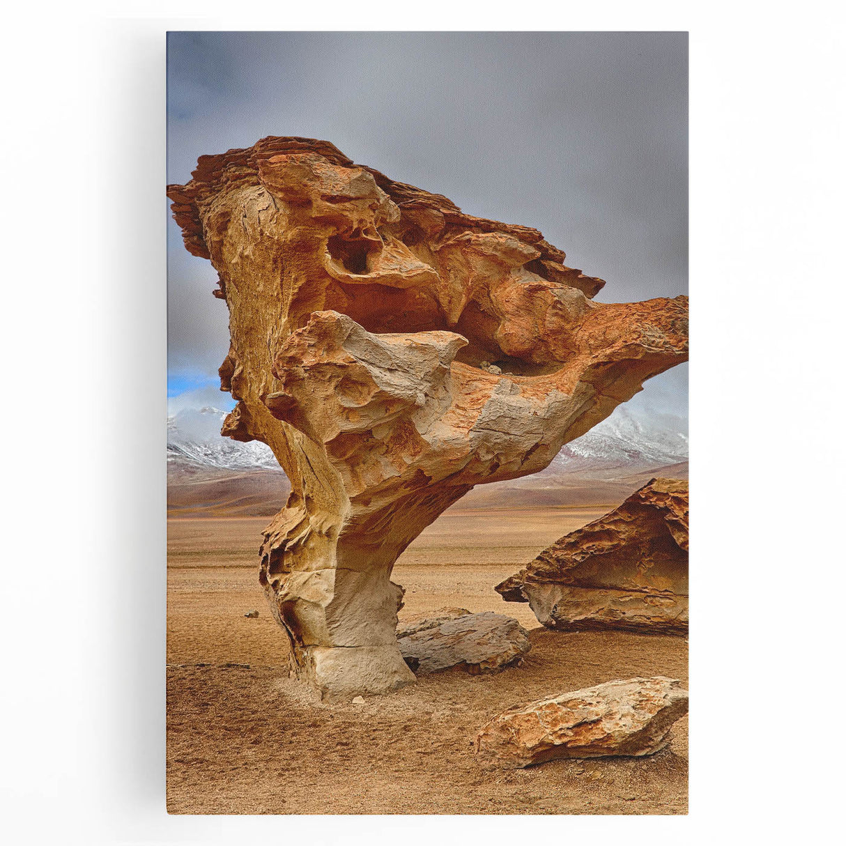 Black and white photo of Bolivian landscape on stretched canvas, ideal for kitchen wall art.
