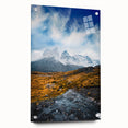 Acrylic print of a large abstract depiction of a Chilean landscape in earthy and blue tones, ideal for dining room decor.