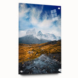 Acrylic print of a large abstract depiction of a Chilean landscape in earthy and blue tones, ideal for dining room decor.