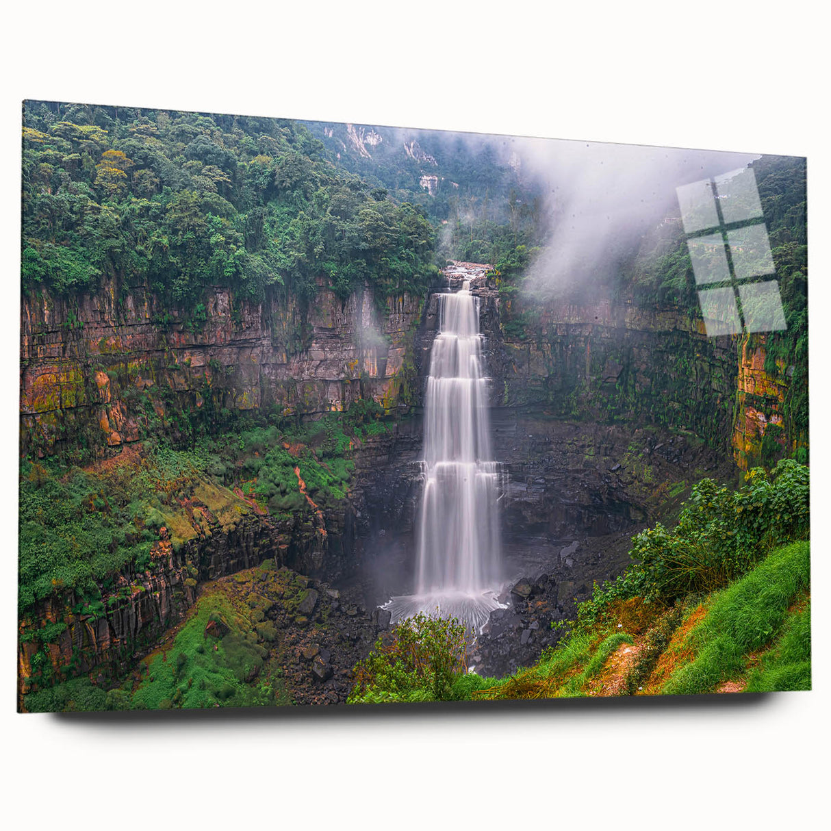 Large abstract wall art depicting a vibrant Colombian landscape on acrylic glass, ideal for bedroom or dining room decor.