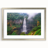 Textured abstract art print of a Colombian landscape, in silver frame, with earthy and green tones, ideal for bedroom art.