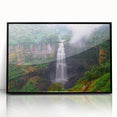 Large abstract wall art featuring a stylized Colombian landscape in vibrant blues and greens, framed in black acrylic.
