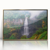Large acrylic print of a mid-century modernist Colombian landscape in muted earth tones, framed in gold.