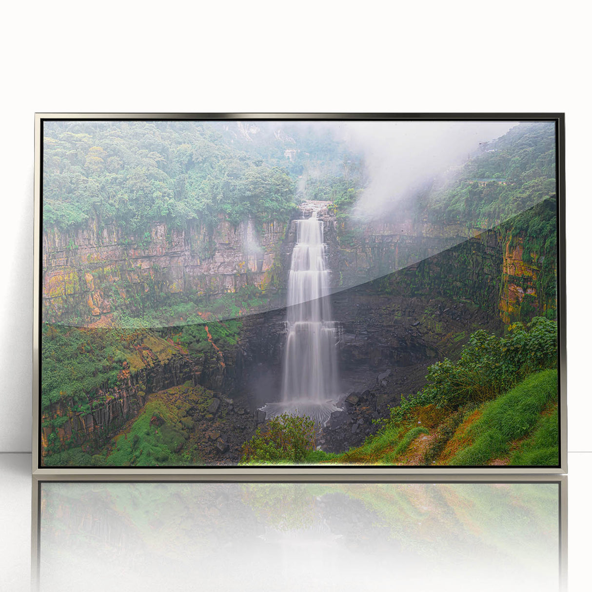 Mid-century modernist art depicting a vibrant Colombian landscape, framed in silver acrylic, suitable for nursery wall art.