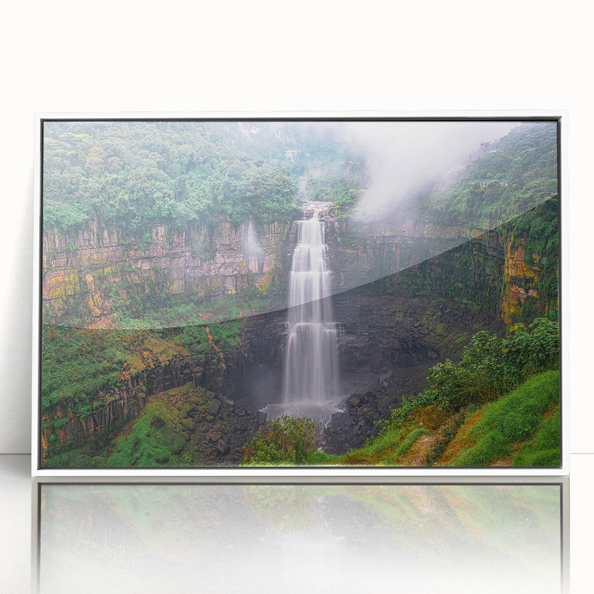 Acrylic print of a Colombian landscape in art deco style, featuring vibrant green and blue tones.