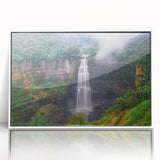 Acrylic print of a Colombian landscape in art deco style, featuring vibrant green and blue tones.