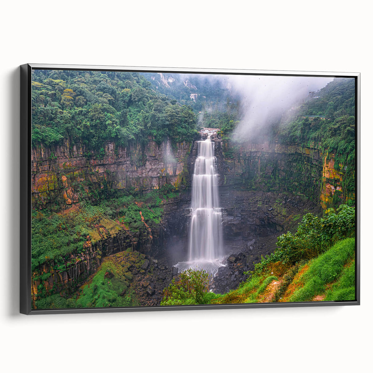 Black and white framed canvas featuring a vintage-style Colombian landscape, ideal for bedroom wall decor.