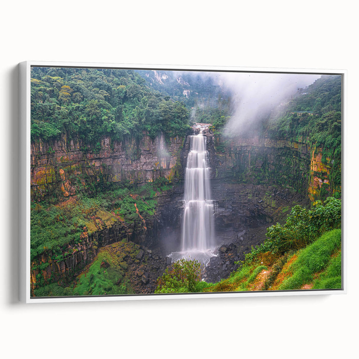 Vintage poster art of a Colombian landscape on framed canvas, featuring vibrant colors, ideal for living room decor.