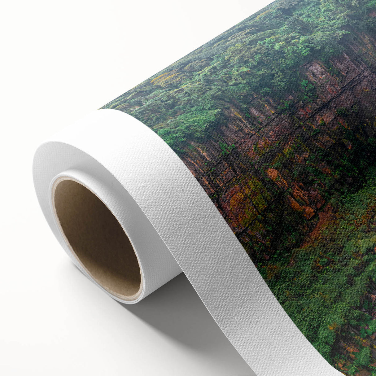 Art deco poster of a Colombian landscape on rolled canvas, featuring vibrant green and blue tones.