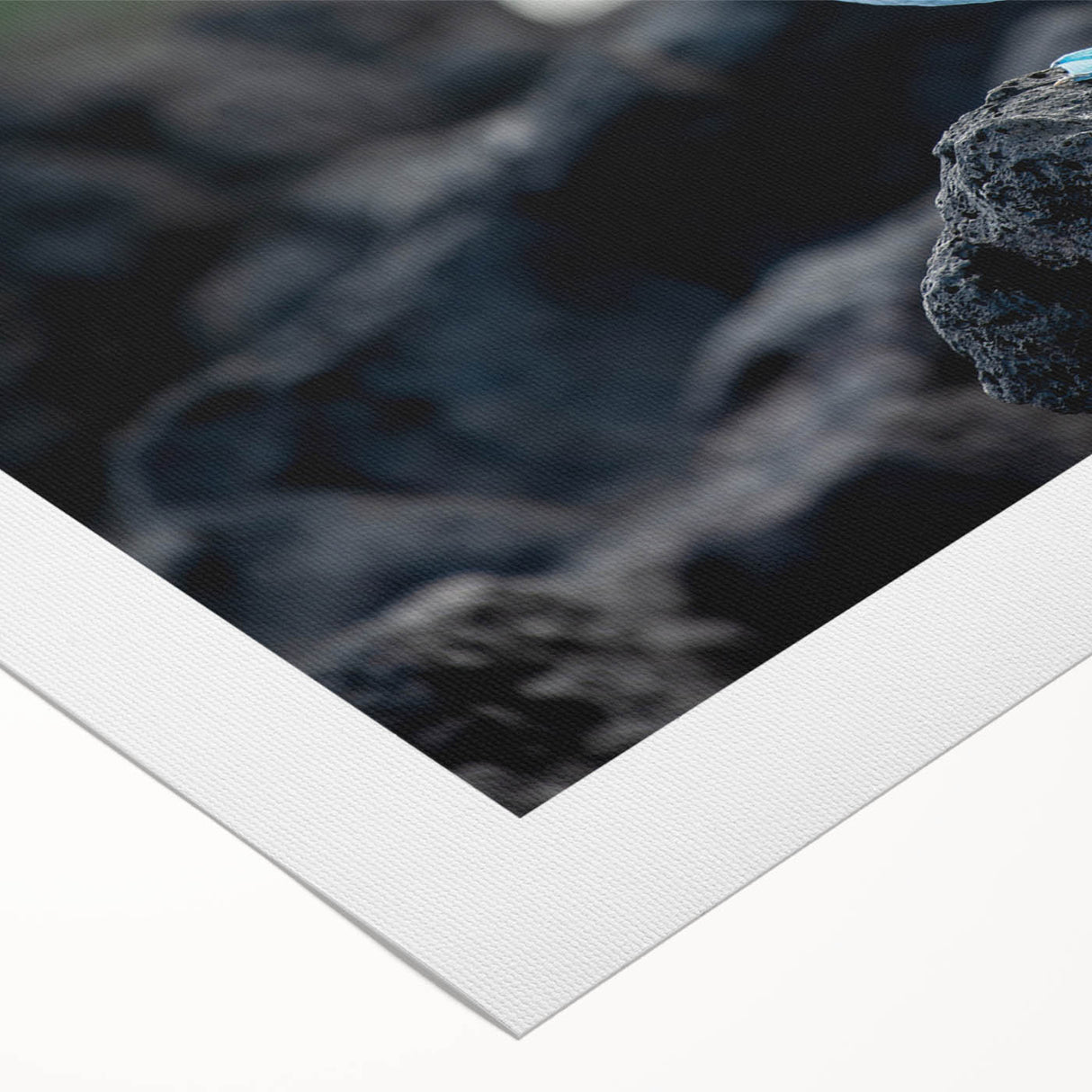 Art deco poster of Galapagos scenery on rolled canvas, featuring muted blue and green tones, ideal for dining room wall art.