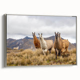 Silver-framed canvas featuring a vintage-style landscape painting of an Ecuadorian scenery with colorful and black elements.