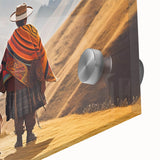 Close-up of a large abstract wall art depicting South American scenery on acrylic glass, with earthy tones.