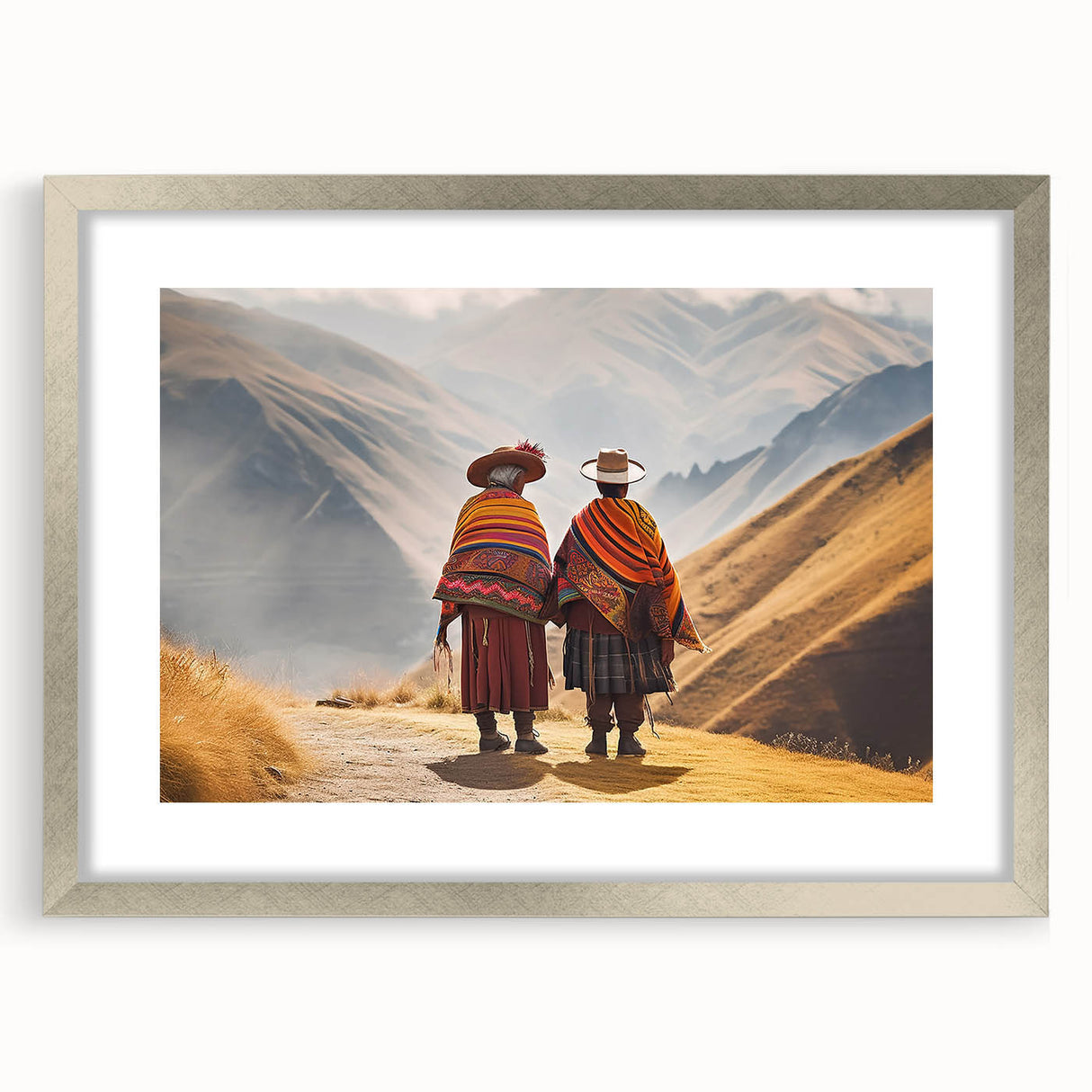 Textured abstract art print of a Peruvian landscape in earthy tones on a framed silver mat, suitable for bedroom decor.