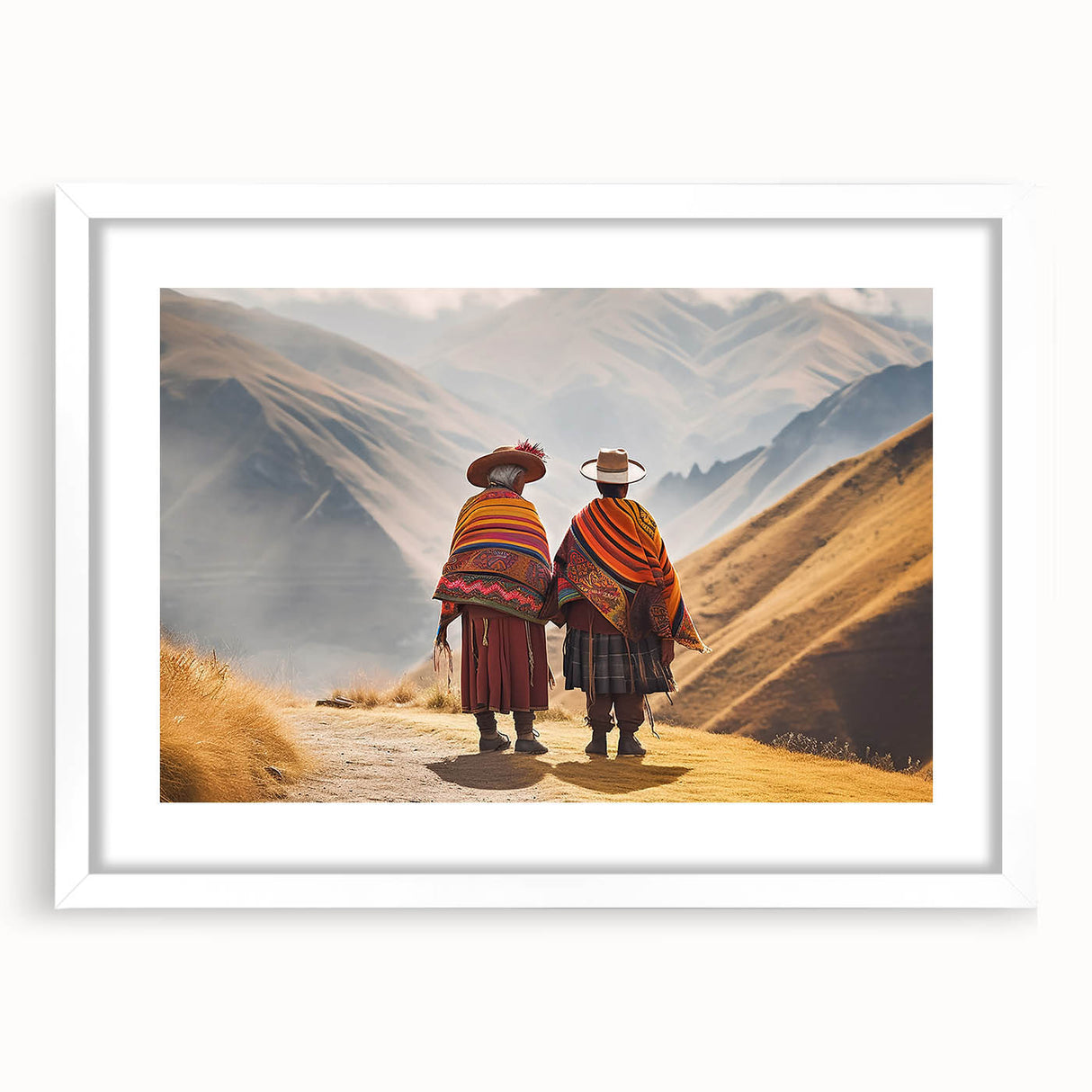 Abstract art print of a Peruvian landscape in muted earth tones on a framed white mat, ideal for dining room decor.
