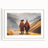 Abstract art print of a Peruvian landscape in muted earth tones on a framed white mat, ideal for dining room decor.