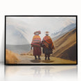 Large abstract wall art depicting a stylized South American landscape in earth tones, framed in black acrylic.