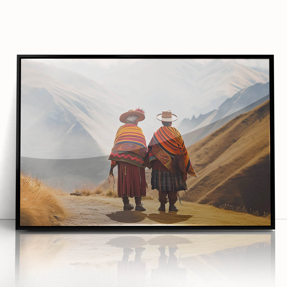 Large abstract wall art depicting a stylized South American landscape in earth tones, framed in black acrylic.