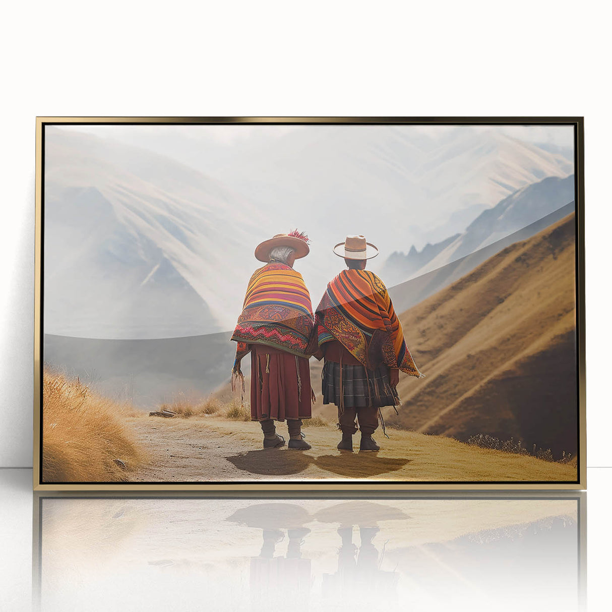 Large art print of a Peruvian landscape in mid-century modernist style, with muted earth tones on a gold-framed acrylic.