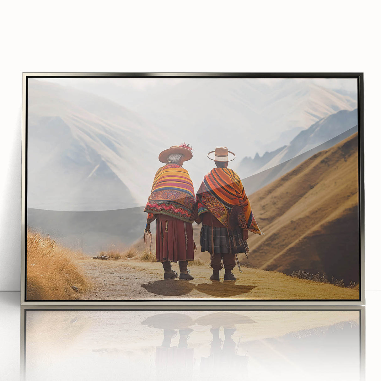 Mid-century modernist art of a Peruvian landscape, featuring muted earth tones on a framed acrylic.