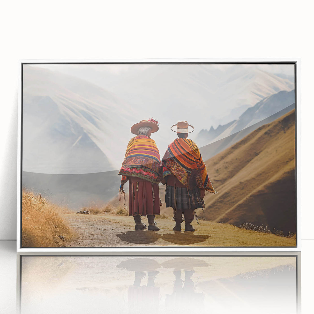 Art deco poster of a scenic South American landscape in Peru, featuring muted earth tones on a framed acrylic.