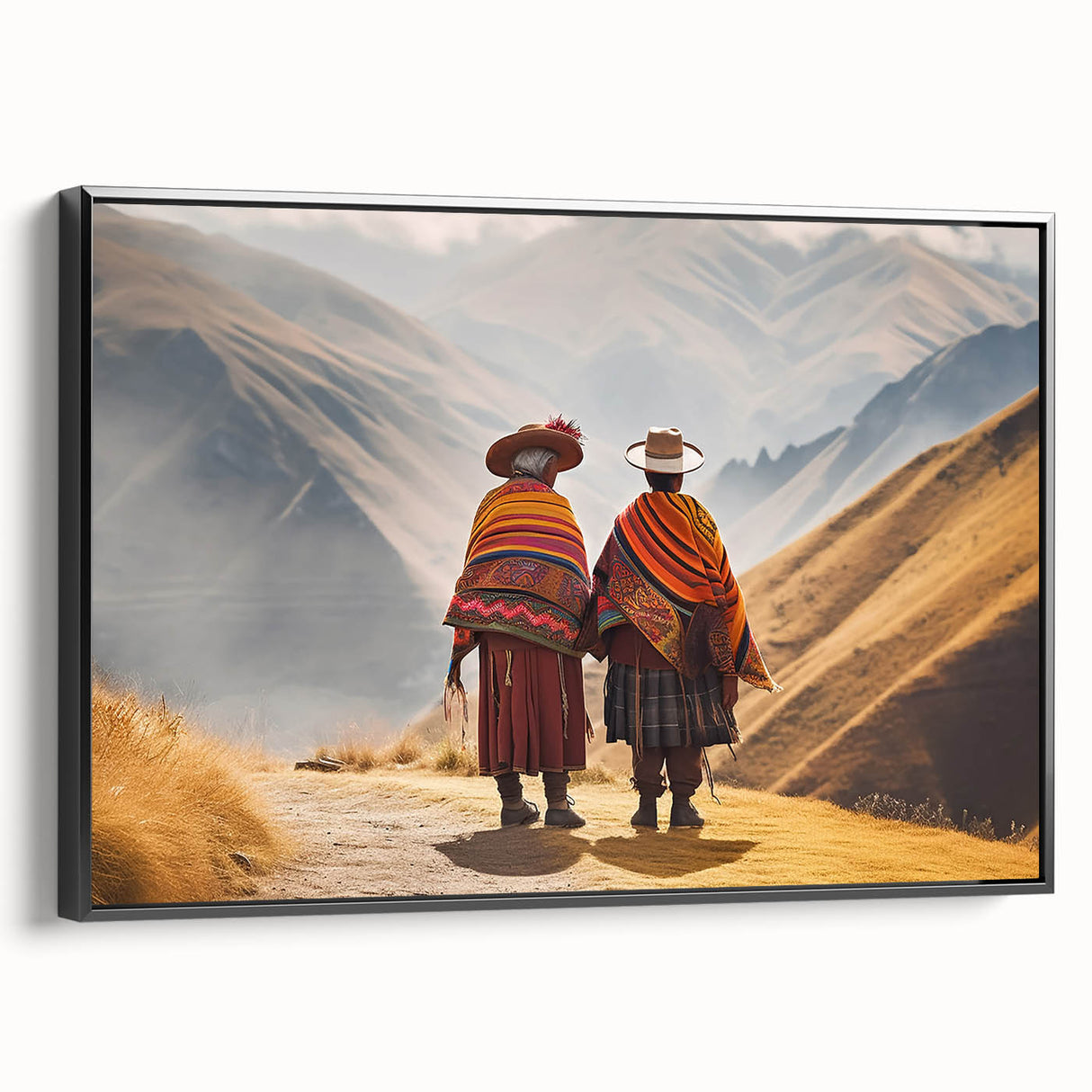 Black and white framed canvas of a Peruvian landscape, ideal for bedroom wall decor.