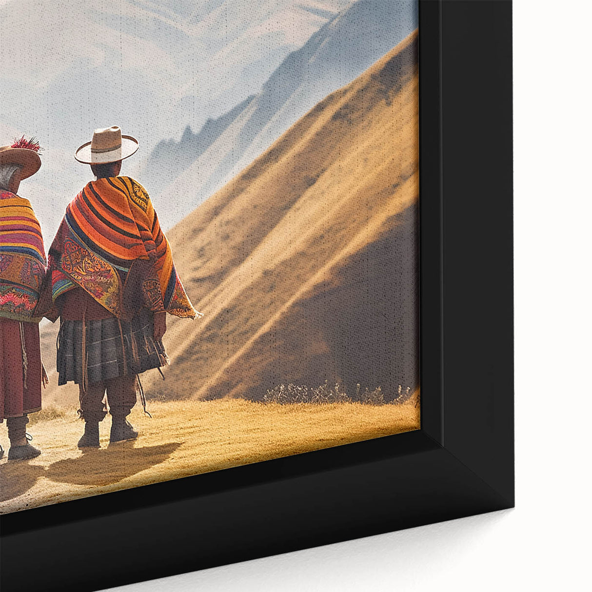 Extra large framed canvas of a textured, colorful Peruvian landscape on a black background, ideal for living room decor.