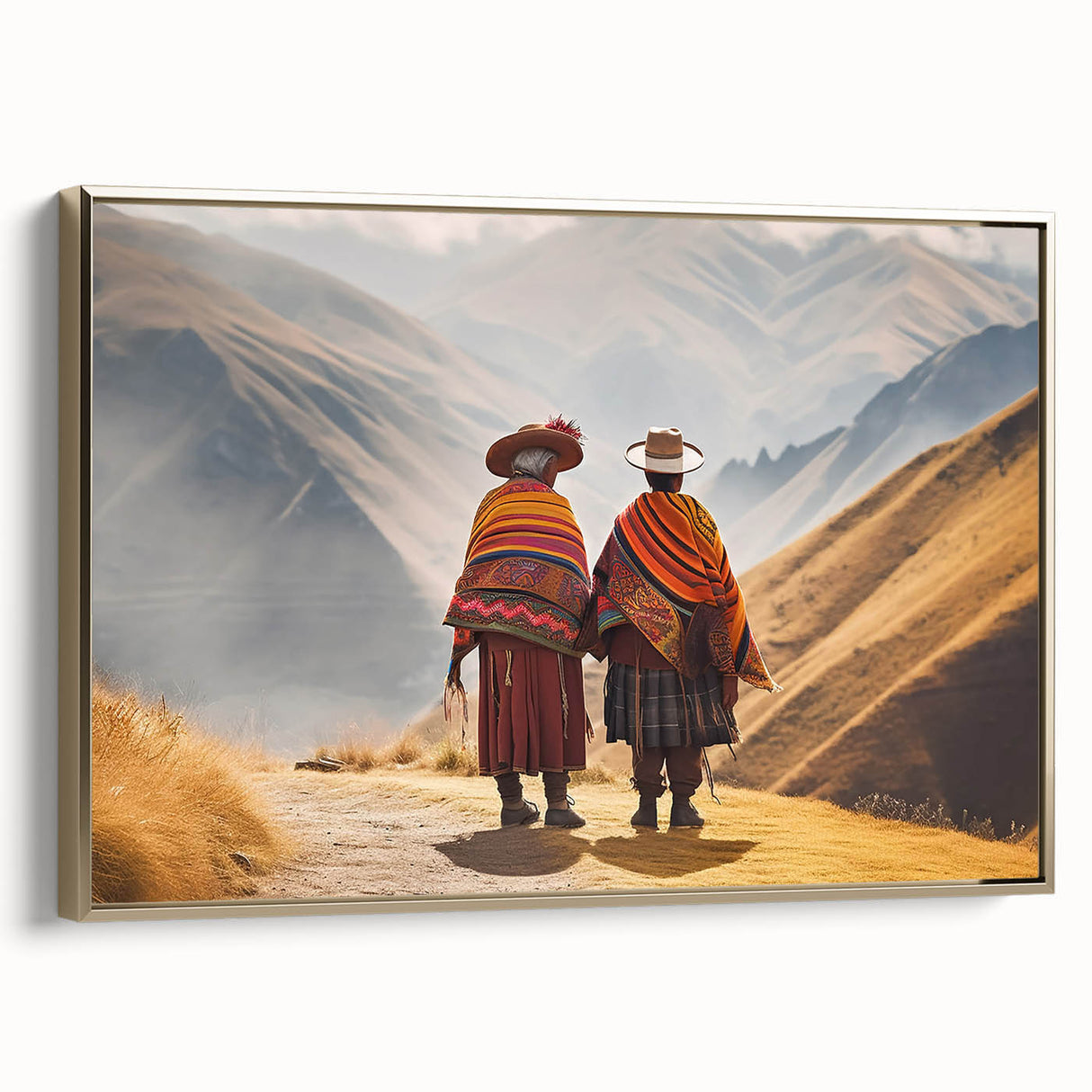 Framed canvas wall art featuring a vintage poster-style landscape of a Peruvian scenery in muted gold and black.