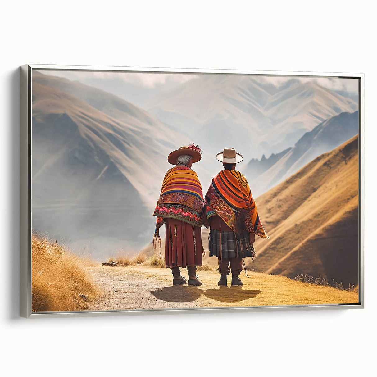 Framed canvas featuring a vintage-style landscape art painting of a colorful Peruvian scenery.