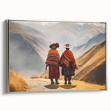 Framed canvas featuring a vintage-style landscape art painting of a colorful Peruvian scenery.