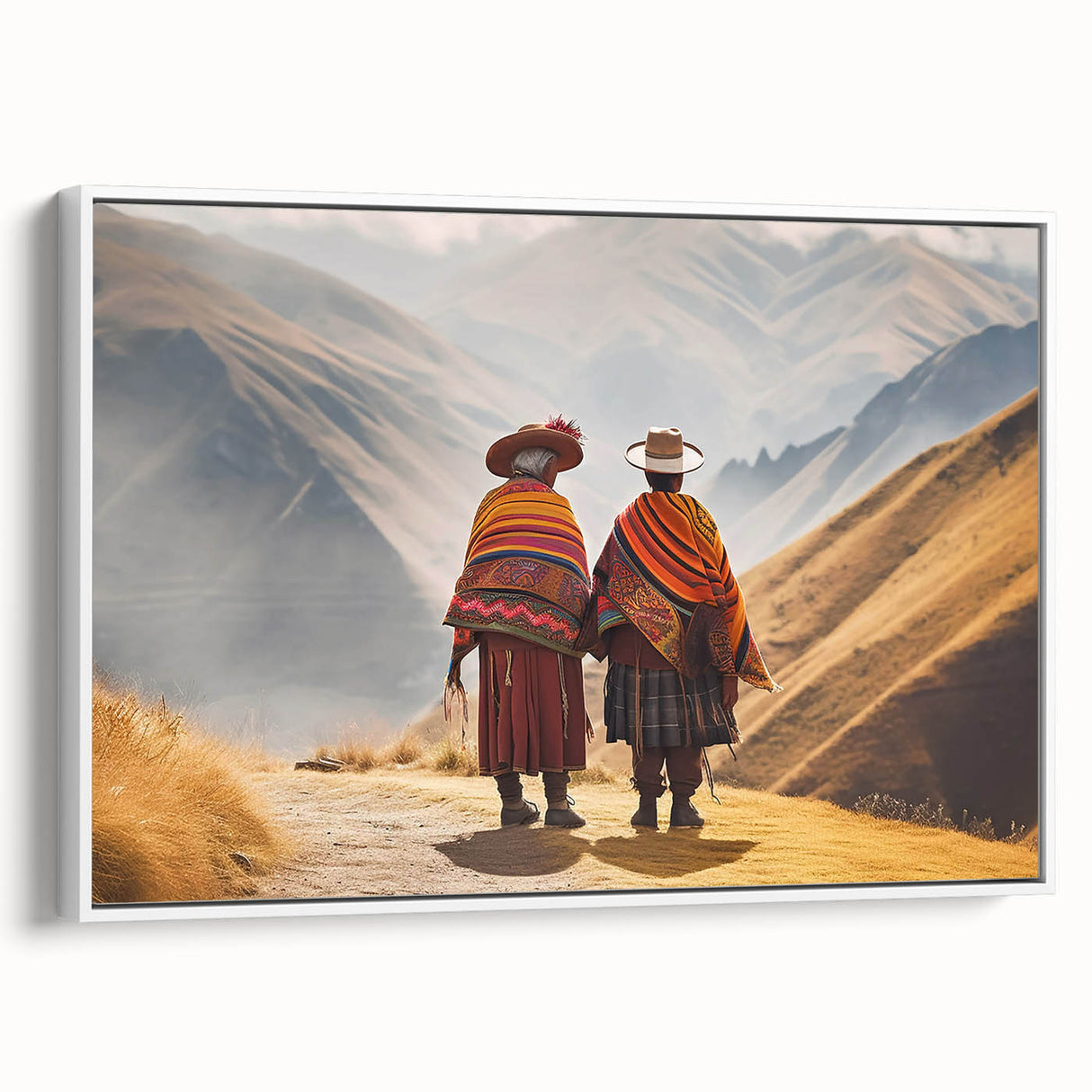 Vintage poster art of a colorful South American scenery on a large framed canvas, ideal for living room decor.
