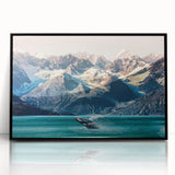 Large abstract wall art featuring a serene Alaskan landscape in muted earth tones, framed in black acrylic.